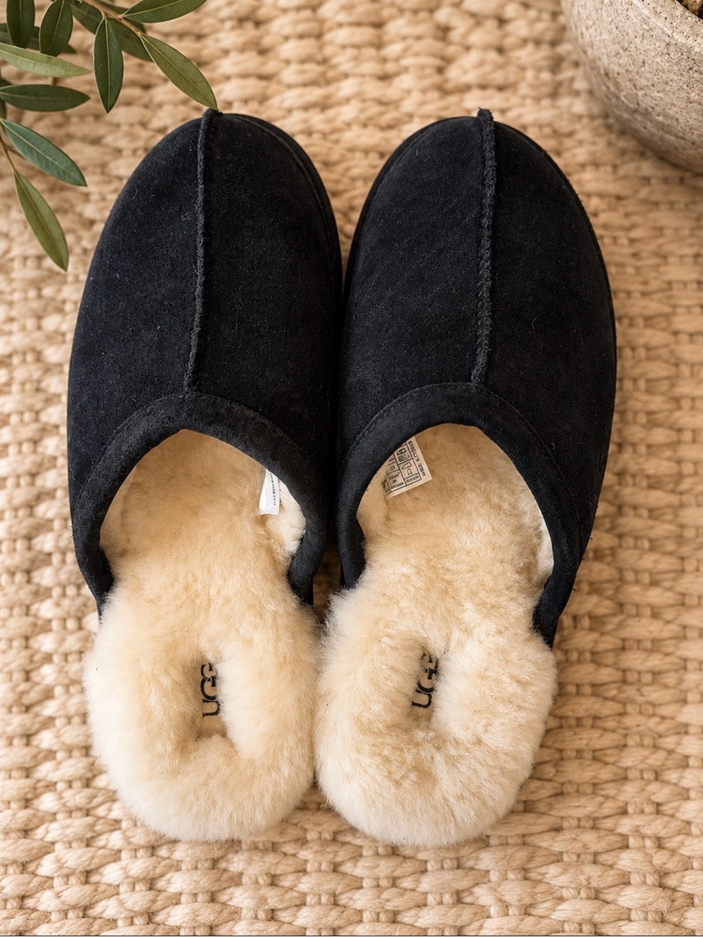 UGG Black Suede Shearling Clog Slippers